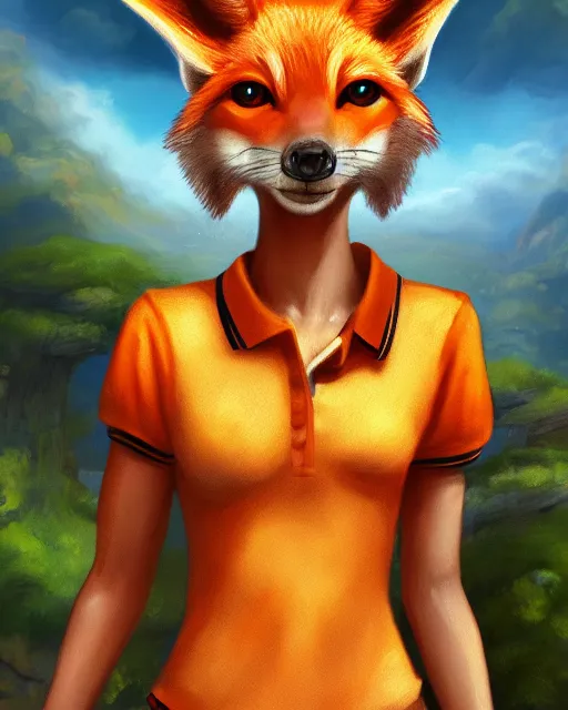 Image similar to award - winning extremely detailed fantasy art of a cute female innocent eyes anthropomorphic vulpes vulpes fulva wearing polo shirt and cargo shorts, 4 k