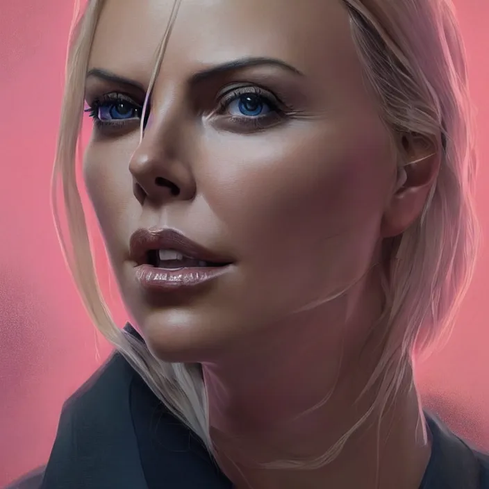 Prompt: portrait of charlize theron in a suit. intricate abstract. intricate artwork. by Tooth Wu, wlop, beeple, dan mumford. octane render, trending on artstation, greg rutkowski very coherent symmetrical artwork. cinematic, hyper realism, high detail, octane render, 8k, iridescent accents