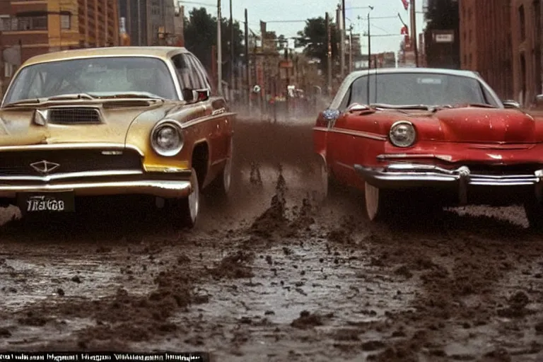 Prompt: street photography by fred herzog and william eggleston, award winning photo of an ultra detailed intricate dirty lincoln speeding very fast on mud, fast shutter speed, motion blur, tiny gaussian blur, highly detailed, highly intricate, depth of field, trending on top gear