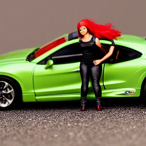 Image similar to a red haired woman driving a Jada toys mitsubishi eclipse green diecast car, macro photography, the woman is inside the toy car, high resolution photo
