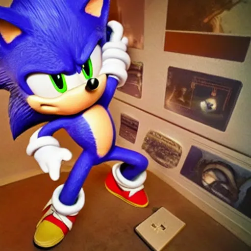 Image similar to Sonic The Hedgehog ultra realistic uncanny valley highly symbolic room used for Esoteric ritual Golden Dawn 33rd degree highly detailed studio award winning cinematography Polaroid photograph