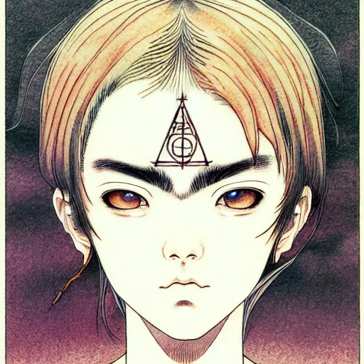 Image similar to prompt: Fragile looking character soft light portrait face drawn by Takato Yamamoto and Katsuhiro Otomo, tattooed face, inspired by Akira 1988 anime, alchemical objects on the side, soft light, intricate detail, intricate gouache painting detail, sharp high detail, manga and anime 2010