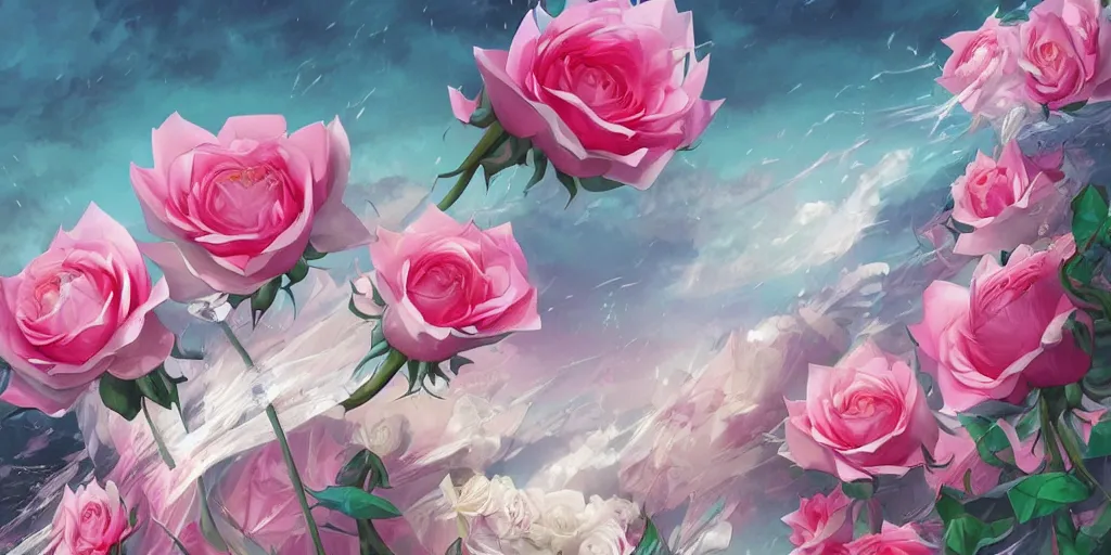 Prompt: background art of flying longswords flowing slicing through a bouquet of white and pink roses, big puffy clouds, sharp rain, large rose petals, lotus petals, large polygonal background elements, large polygons, dramatic anime, dramatic lighting, artgerm, manga, trending on artstation, art nouveau, mature colors