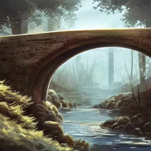 Prompt: a river flowing under a bridge, concept art by nina tryggvadottir, featured on deviantart, environmental art, matte background, storybook illustration, concept art