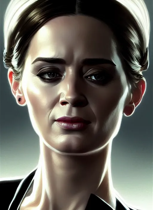 Image similar to portrait of emily blunt with cat eyes, as business woman, black suit, white shirt, black tie, intricate, headshot, highly detailed, digital painting, artstation, concept art, sharp focus, cinematic lighting, illustration, art by artgerm and greg rutkowski, alphonse mucha, cgsociety