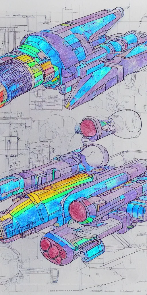 Image similar to blueprint of a spaceship, technical draw, concept art, extreme detail, 3 5 mm, colorful, nyan colors