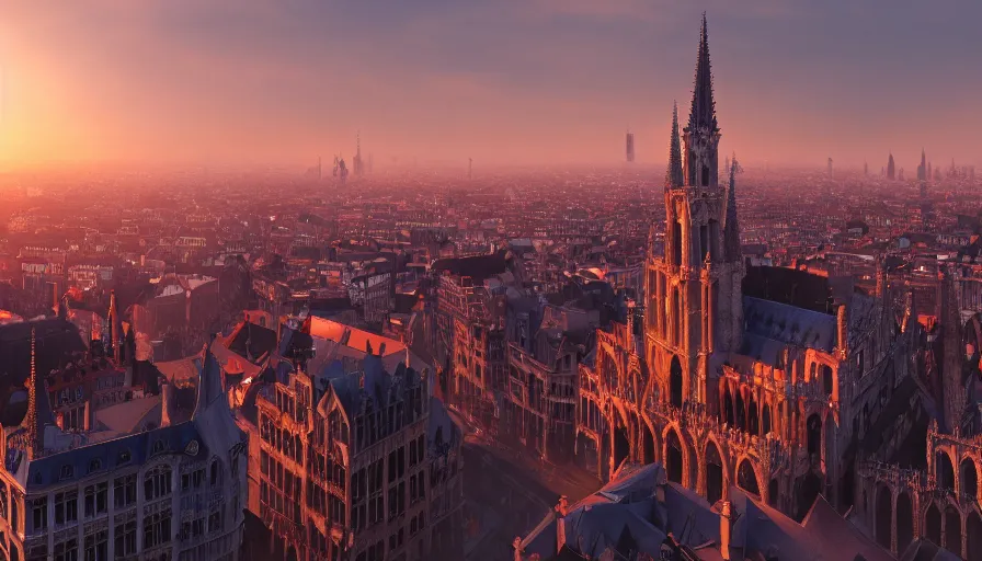 Prompt: Digital painting of Neo-Gothic Brussels at sunrise, wide angle, volumetric light, hyperdetailed, artstation, cgsociety, 8k