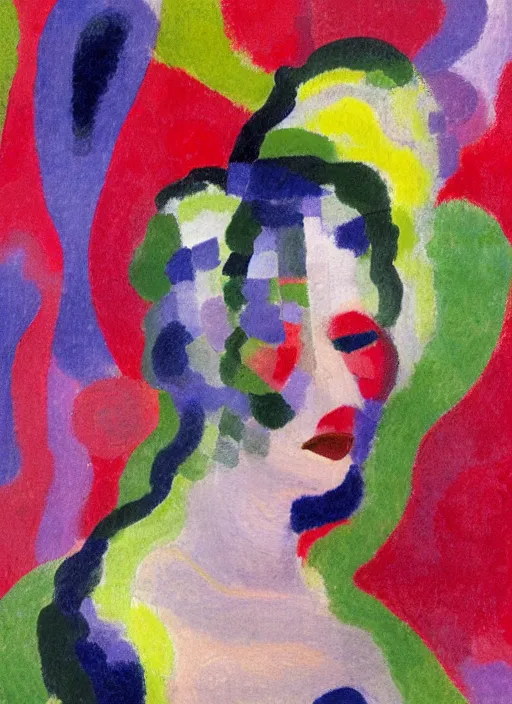 Image similar to an extreme close - up abstract portrait of a lady enshrouded in an impressionist representation of mother nature and the meaning of life by sonia delaunay and igor scherbakov, abstract colorful lake garden at night, thick visible brush strokes, figure painting by anthony cudahy and rae klein, vintage postcard illustration, minimalist cover art by mitchell hooks