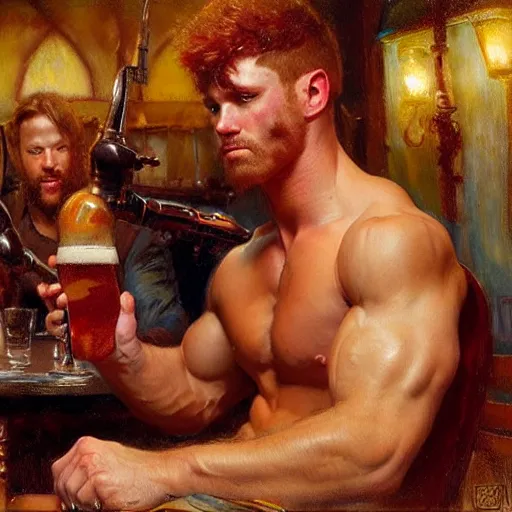 Prompt: attractive muscular mike with ginger hair with muscular attractive tyler with brunet hair, drinking their hearts out, in a pub. very defined and highly detailed painting by gaston bussiere, craig mullins, j. c. leyendecker 8 k