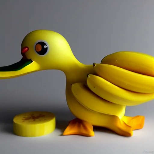 Image similar to banana duck 8k high resolution, super detailed peeled!!! banana with duck beak and small dot eyes. The banana is peeled!!!