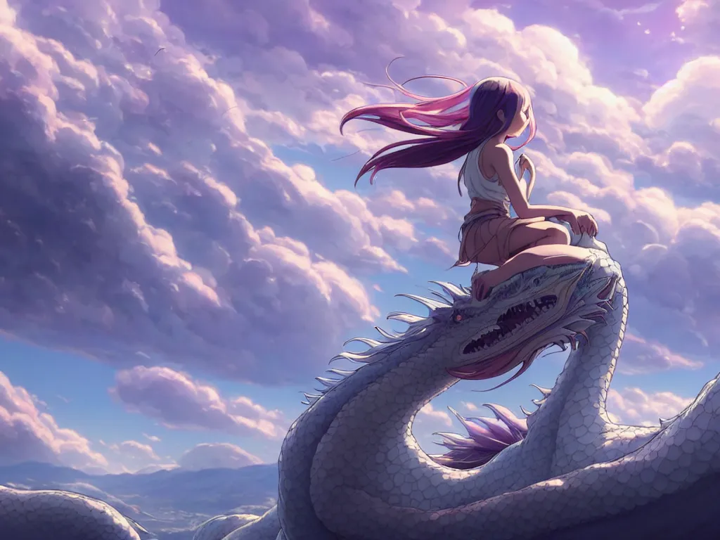 Image similar to a vast scene, panorama distant view, hyper detailed scene render of a beautiful girl sit on a huge silver dragon back, in the white clouds fairyland, animation portrait concept art, style of makoto shinkai, xision, james jean and peter mohrbacher, studio ghibli, artgerm, karol bak, beeple, 4 k hd, animation style