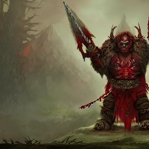 Image similar to red orc shaman, red theme lighting, skull staff, skull garments, battlefield background, in warcraft art style, epic fantasy style art, fantasy epic digital art, epic fantasy card game art