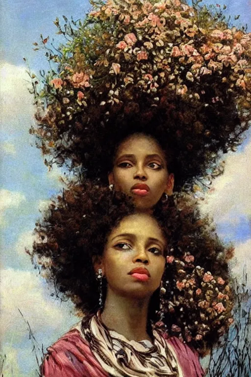 Image similar to close - up fashion afro woman portrait airy flowers cloudy sky art by vasnetsov