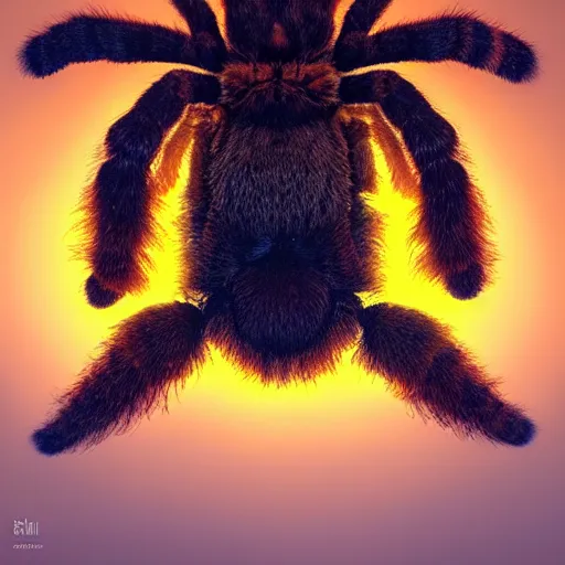 Prompt: colossal fluffy tarantula, golden hour, fantasy, vivid colors, sharp focus, digital art, hyper - realistic, 4 k, unreal engine, highly detailed, hd, dramatic lighting by brom, trending on artstation