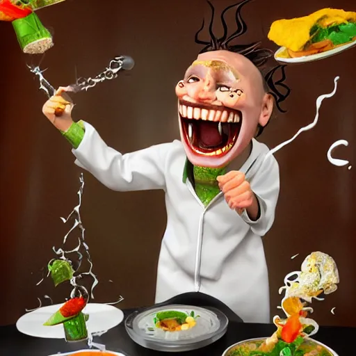 Image similar to a mad scientist laughing happily at the rain of food he managed to create , concept art, trending on artstation 3D.