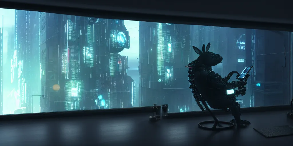 Image similar to a black water rabbit with biomechanical cybernetic body is watches the news on his smartphone near a window with dystopian city visible outside. very detailed 8 k. cyberpunk fantasy style. unreal engine render. global illumination. nanite. rtx. path tracing.