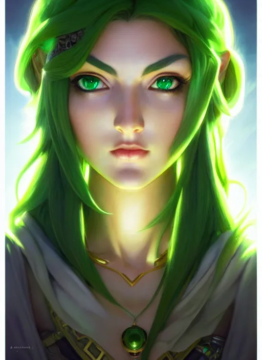 Image similar to portrait, from left, head and body, palutena, piercing green eyes, green hair, concept art, unreal engine, by rossdraws, frank franzzeta, intricate, masterpiece, elegant, hyper, concept art, smooth, sharp focus, illustration, art by artgerm and greg rutkowski and alphonse mucha and garis edelweiss