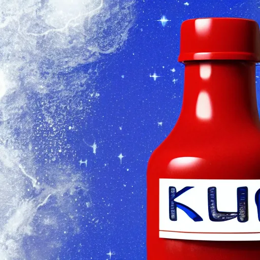 Image similar to ketchup bottle with label with letters on blue background with mars at lower right corner and saturn at upper right corner realistic digital art