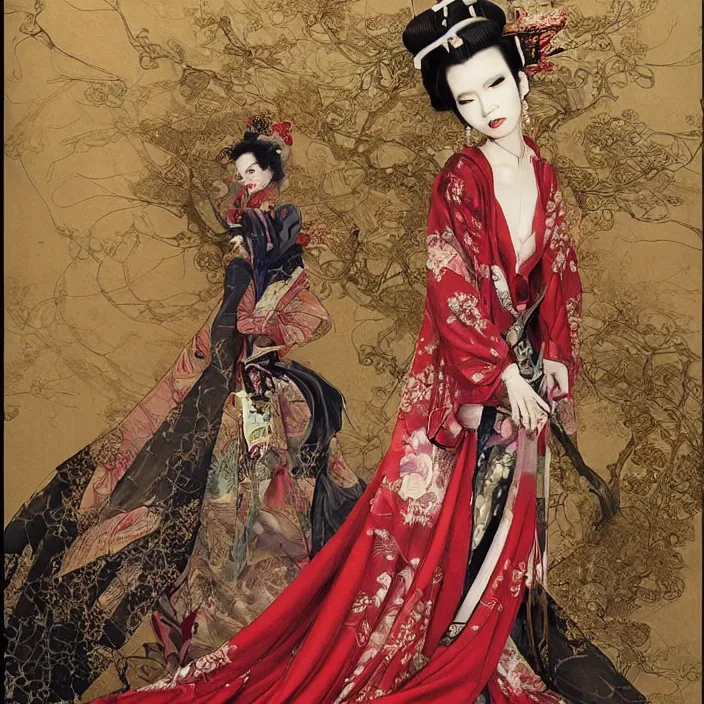 Prompt: watercolor painting of avant - garde, beauty portrait of an asian bjd geisha vampire queen with a long neck in a victorian red dress painted by yoshitaka amano, daniel merriam, ayami kojima, intricate detail, artstation, artgerm, in the style of dark - fantasy, rococo, gold leaf art, victo ngai