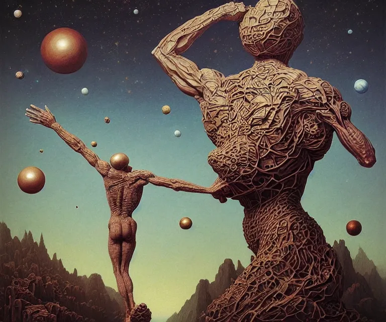 Image similar to hyper detailed 3d render like a Oil painting - atlas dramatically supporting the universe on his shoulders, by Jacek Yerka, Mariusz Lewandowski, Houdini algorithmic generative render, Abstract brush strokes, Masterpiece, Edward Hopper and James Gilleard, Zdzislaw Beksinski, Mark Ryden, Wolfgang Lettl, hints of Yayoi Kasuma, octane render, 8k