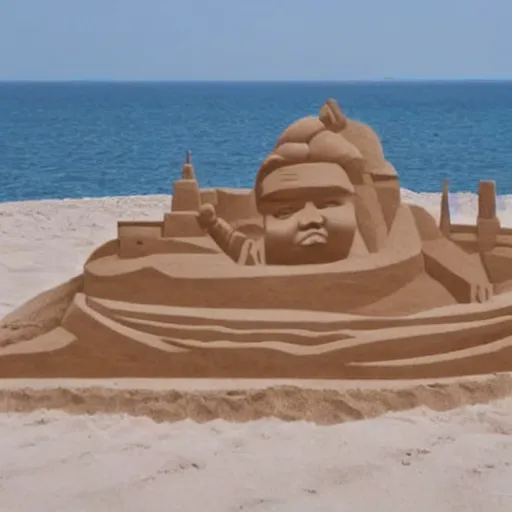 Prompt: a sand sculpture of north korea on the beach