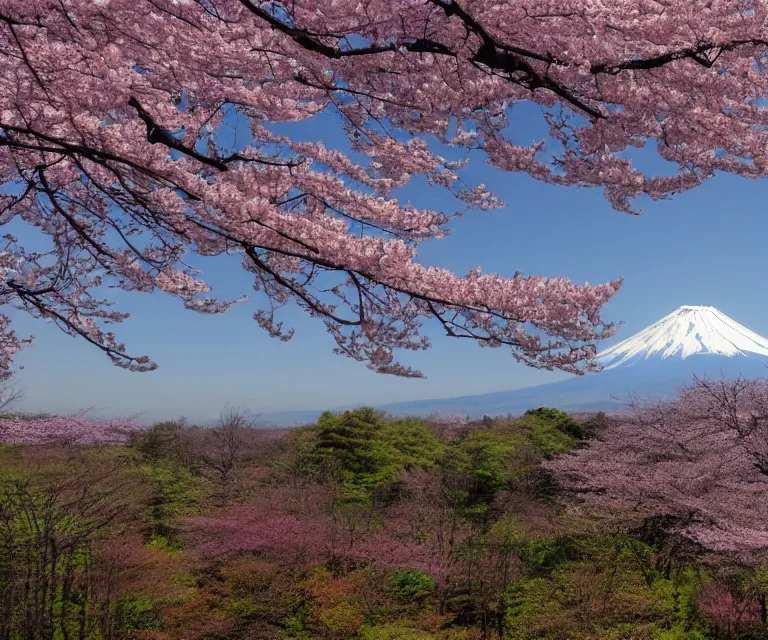 Image similar to a photo of mount fuji, over a sakura forest, seen from a window of a train. beautiful!