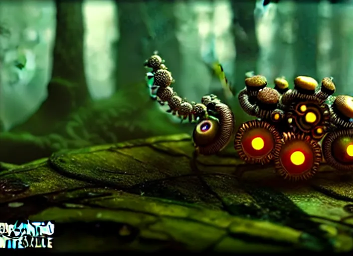 Image similar to 12mm intricate mechanical caterpillar with visible gears and electronics and optic Fibres sitting on top of a mushroom in a magical forest. Very detailed 8k. Fantasy cyberpunk horror. Sharp. Cinematic post-processing