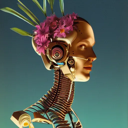 Image similar to a 3 d vaporwave painting by syd mead of a bipedal robot head with flowers growing out of the top, trending on artstation, masterpiece, incredible details