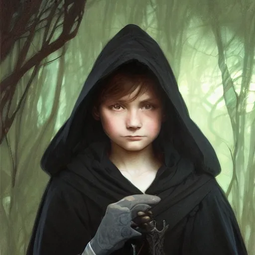 Image similar to perfectly - centered - portrait of a kid wearing black cloak holding stick, intricate, highly detailed, digital painting, artstation, concept art, smooth, sharp focus, illustration, unreal engine 5, 8 k, art by artgerm and greg rutkowski and alphonse mucha