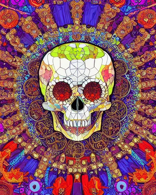 Prompt: anime manga skull art surrounded by varities of superhot chili peppers, cell shading, voronoi, fibonacci sequence, sacred geometry by Alphonse Mucha, Moebius, hiroshi yoshida, Art Nouveau, colorful, ultradetailed, vivid colour, 3d