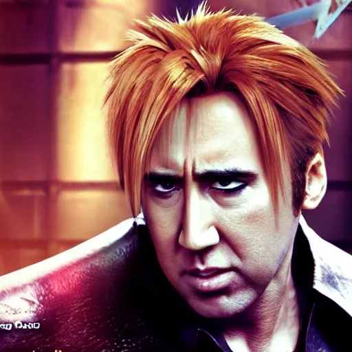 Image similar to buff nic cage playing cloud strife, movie still, digital photography, high quality