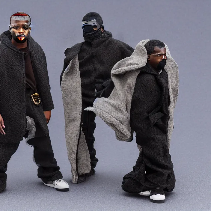 Image similar to a hot toys figure of kanye west using a black face - covering mask made of cloth with small holes, a blue puff undersized round jacket, a black shirt underneath and black rubber boots, figurine, detailed product photo