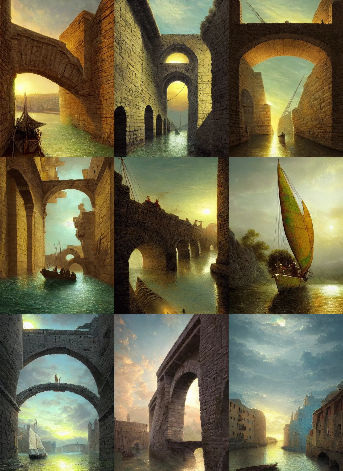 Prompt: Ancient sail boat crossing an aqueduct, medieval city, sunset, turqouise green and yellow colors, digital art, worth1000.com, cgsociety, by greg rutkowski, by Gustave Doré, by Marco Turini, by Artgerm, Deviantart