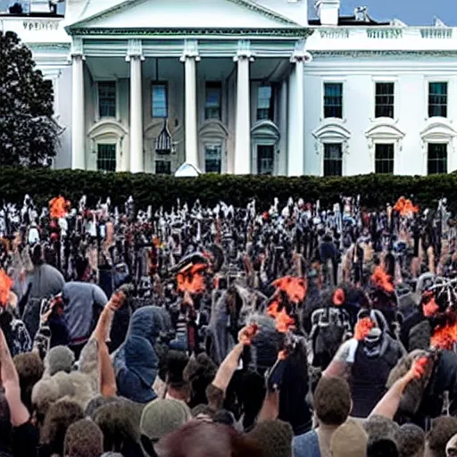 Image similar to a still of hundreds of stormtropers rioting in front of a the white house in washington.!!!, flaming torches and pitchforks