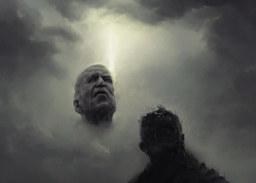 Prompt: abstract obscure painting of grinning Joe Biden head emerging from thick dark clouds, immense crowd of varied people, cosmic horror , trending on ArtStation, masterpiece, by Greg Rutkowski, by Ross Tran, by Fenghua Zhong, octane, lightbeam eyes, soft render, clear facial features, oil on canvas, moody lighting, cinematic, professional detailed environmental concept art