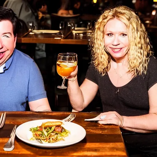 Image similar to portait of michael mcintyre and middle aged blonde woman with short hair and a blonde woman with long hair having dinner at sunday in brooklyn restaurant, greg rutkowsk