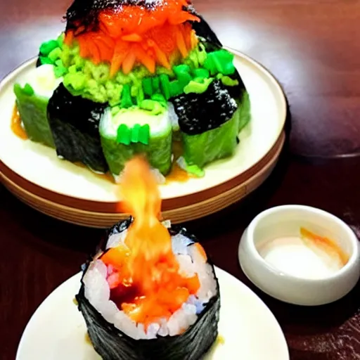 Prompt: a sushi volcano, rice piled high with sushi toppings and sauce as the lava, sushi volcano 🌋 🍣