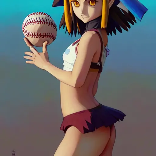 Image similar to beautiful boyish natalie portman gravure model in majora's mask, wearing wooden mask and baseball cap and leotard, street wear with subtle mayan patterns, aztec bathing suit, gapmoe yandere grimdark, trending on pixiv fanbox, painted by greg rutkowski makoto shinkai takashi takeuchi studio ghibli, akihiko yoshida