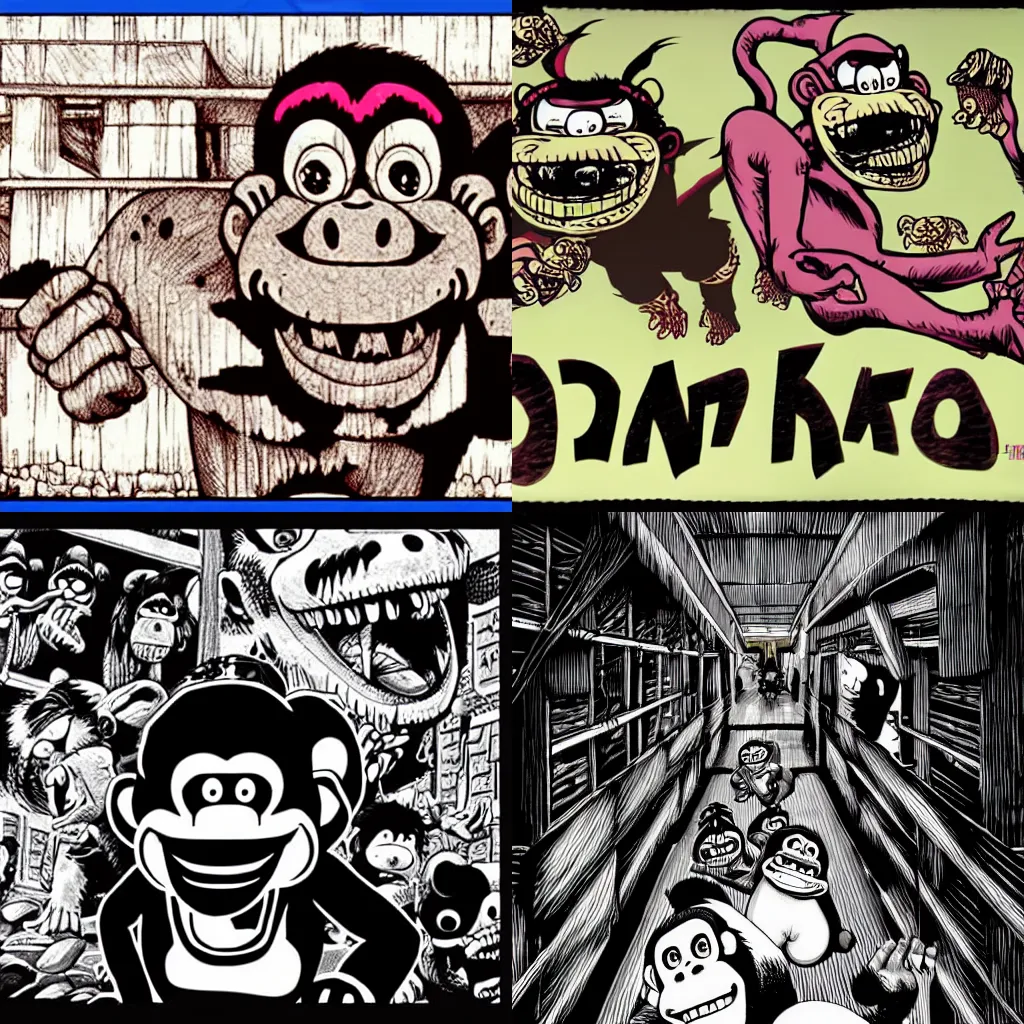 Prompt: Donkey Kong in the style of Junji Ito, horror, creepy, 4k