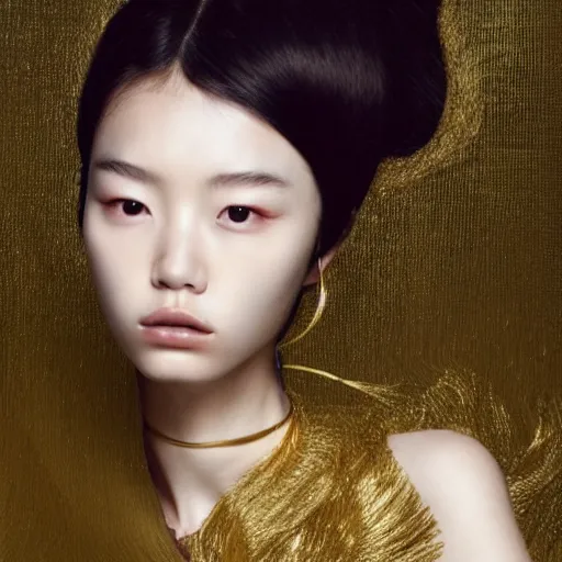 Image similar to a beautiful young female korean model wearing a hairsculpture made of hair and gold string, photoshot by erwin olaf