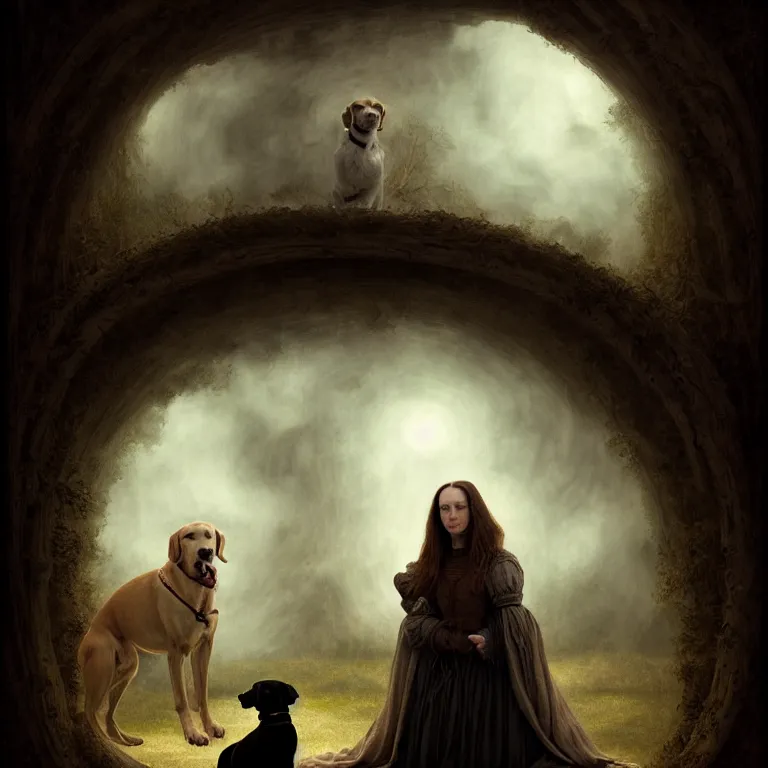 Image similar to renaissance professional digital art of a traveler with a faithful dog, symmetrical face, atmospheric lighting, painted, complex, detailed, detailed, foreboding, mysterious, leesha hannigan, wayne haag, reina rocin, ignacio fernandez rios, mark ryden, iris van herpen, epic, stunning, magnificent, very wow, cinematic, masterpiece.