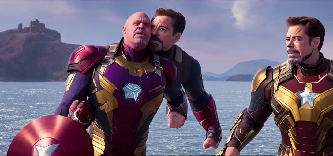 Image similar to a very high resolution image from a new movie. thanos kissing tony stark while capitan america watches on a lake, photorealistic, photography, directed by wes anderson