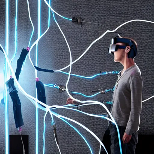 Image similar to humans tied to electricity slavery of the cable, boasting terror, virtual mixed reality mind control