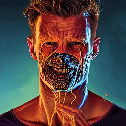 Image similar to portrait artwork of man tearing the skin from his face to reveal lizard skin. Artwork by Dan Mumford, realistic cinematic lighting, ultra detailed, hyper realism