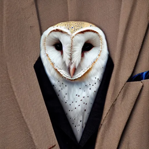 Image similar to barn owl wearing a suit, barn on dresses by emidio tucci, very detailed, album photo, canon shot