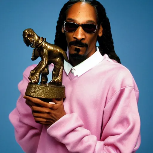 Image similar to Snoop Dogg holding a small statue of Snoop Dogg for a 1990s sitcom tv show, Studio Photograph, portrait, C 12.0