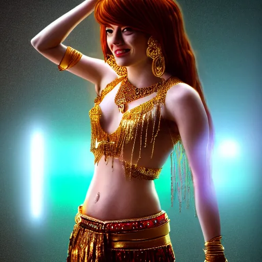 Prompt: a photorealistic portrait of actress emma stone dressed as a belly dancer, arabian night, volumetric lightening, octane render, high quality, fully detailed, 4 k, in focus sharp face with fine details, inspired by belly dancer on youtube, alphonse mucha, masterpiece, stunning