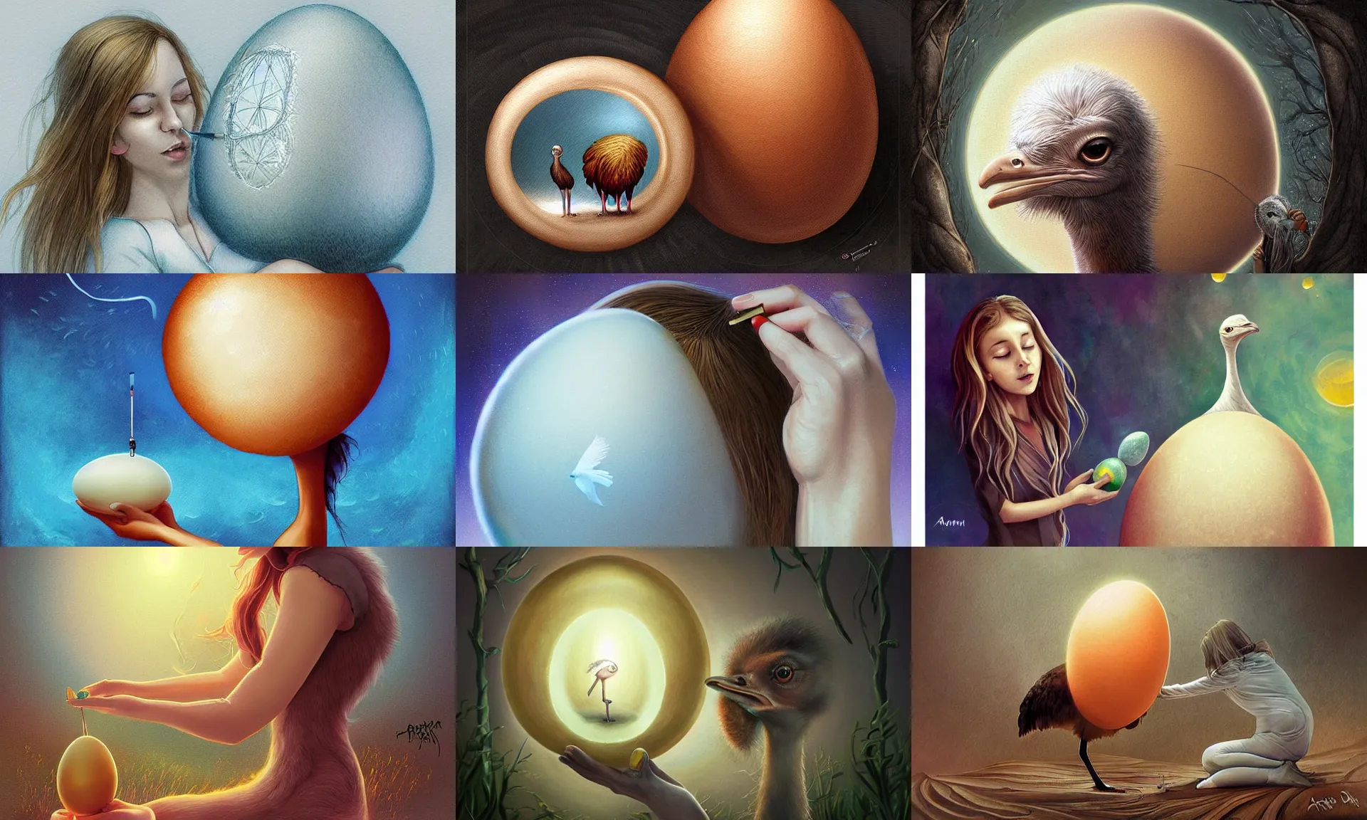 Prompt: Researcher measures an ostrich egg, fantasy art by Anna Dittman