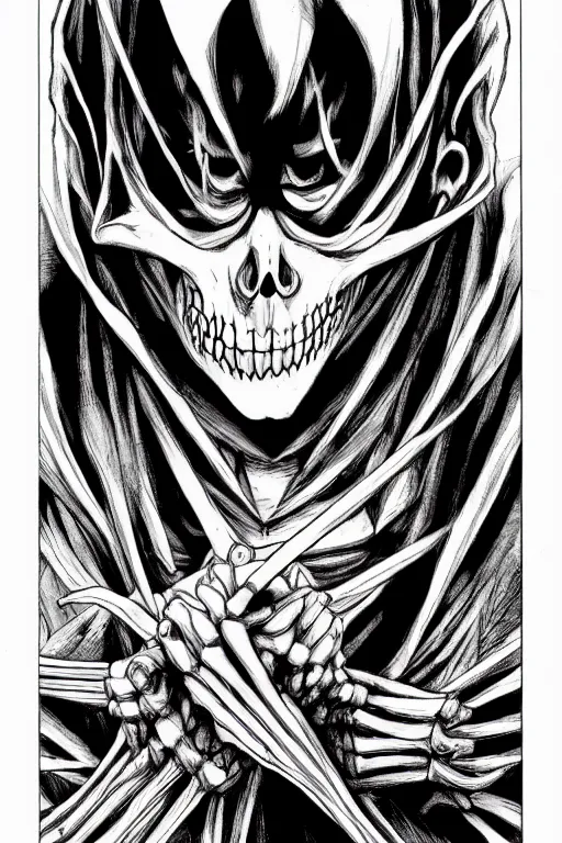 Prompt: Grim Reaper by Takeshi Obata, skeleton face