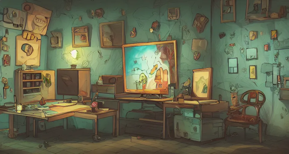 Image similar to A beautiful artwork illustration, a videogame level in a small escape room with a golf ball who is a detective, featured on artstation, wide angle, horizontal orientation